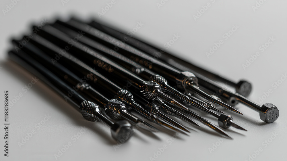 Poster precision tools arranged in fan shape, showcasing their sleek design and functionality. ideal for va