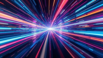 Vivid Neon Lights Converge In A Speeding Tunnel