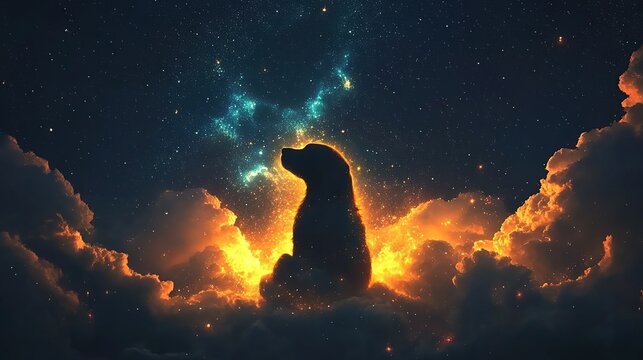 Silhouette of a dog sitting on fiery clouds under a starry sky.