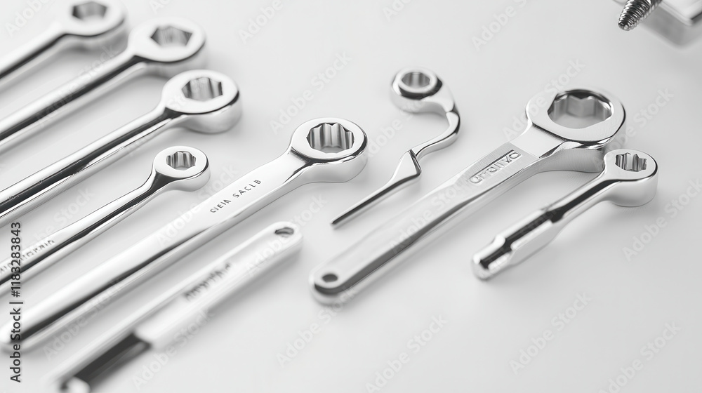 Poster set of chrome plated hex keys arranged neatly, showcasing their sizes and precision. perfect for any
