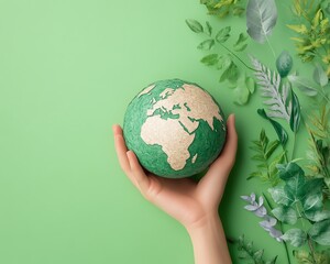 Hand holding the Earth on a green background with a recycle icon, symbolizing the concept of reuse, reduce, recycle, rot, refuse, and zero waste for conscious consumption