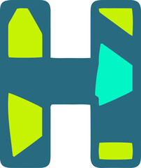 A stylized letter H with a blue background and various geometric shapes in green and cyan. Ideal for modern design and typography projects