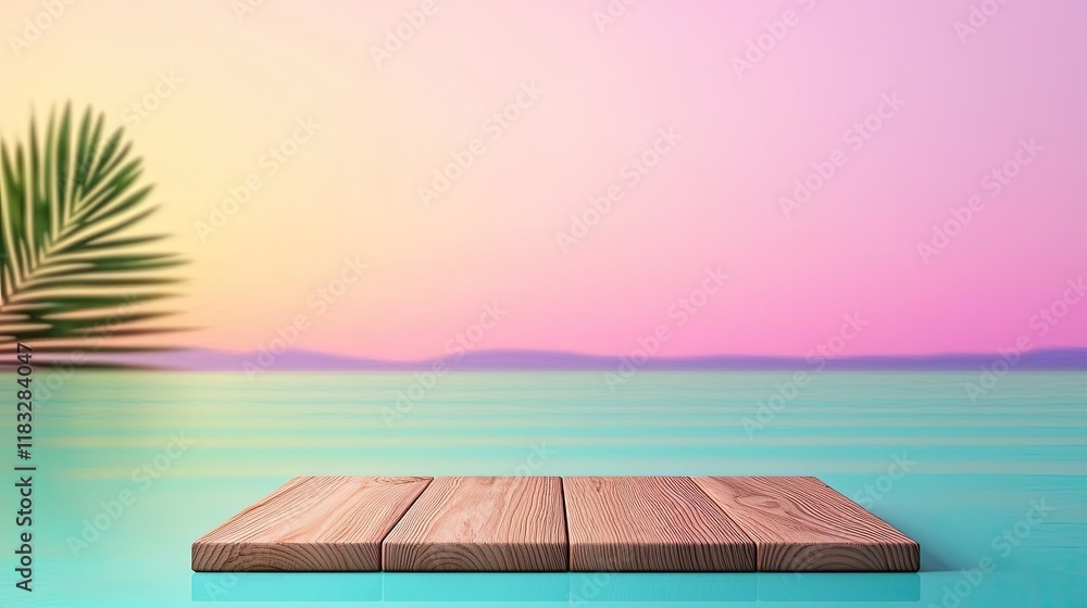 Poster scenery abstract background idea. a serene wooden platform over tranquil water with a colorful sunse