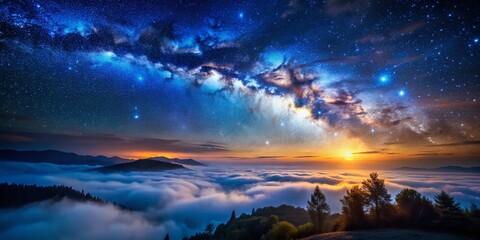 Mystical Night Sky: Glowing Clouds, Fog, and Stars