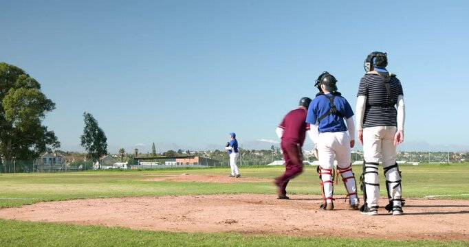 Playing baseball, catcher and batter walking towards pitcher on baseball field