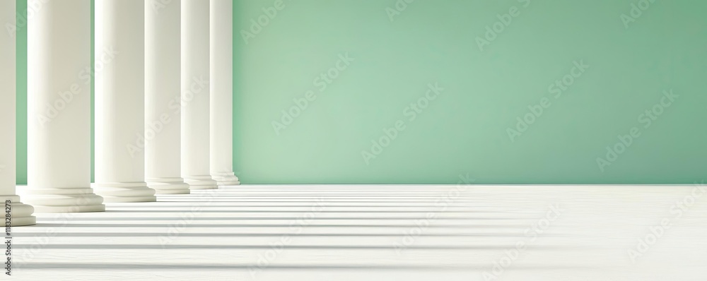 Poster scenery abstract background idea. elegant columns line a minimalist space with a soothing green wall