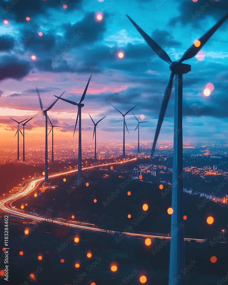 Poster visualize a futuristic business network powered by sustainable energy, with highefficiency cloud sto