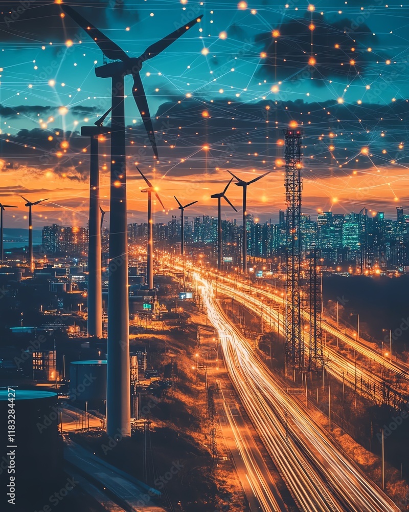 Poster visualize a futuristic business network powered by sustainable energy, with highefficiency cloud sto