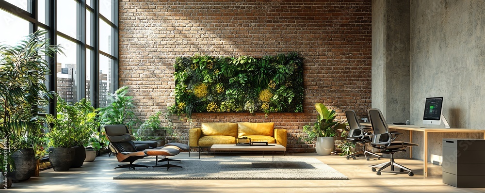 Poster visualize a modern office space powered by advanced cloud services, surrounded by green energy sourc