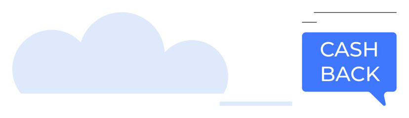 Blue cloud shape with CASH BACK text in a speech bubble signifies online and digital services offering cashback rewards. Ideal for e-commerce, loyalty programs, online savings, cloud services