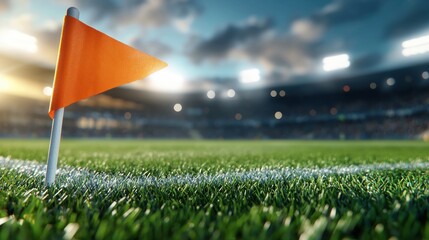 A vibrant orange corner flag stands on a lush green soccer field, set against a backdrop of stadium lights and an evening sky.