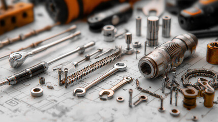 collection of various tools and hardware on blueprint background, showcasing wrenches, sockets, and other equipment for DIY projects