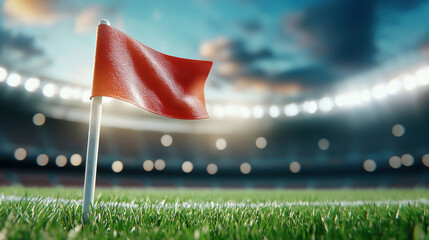 A close-up of a red corner flag on a football pitch, with stadium lights glowing in the background, creating a vibrant game atmosphere.