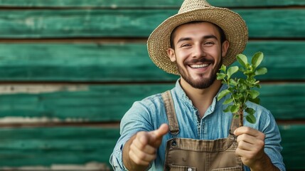 나무 모종을 들고 웃고 있는 농부, 초록색과 나무 배경