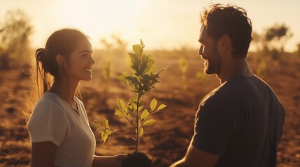 나무 모종을 심고있는 남자와 여자, 나무 심는 배경