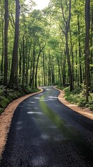 Obraz premium Rainy Forest Drive Pathway Scenic Morning Yellow Line Calm Photo