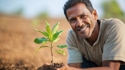 나무 모종을 들고 웃고 있는 농부, 흙밭 배경