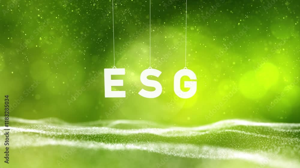 Poster green wavy nature bokeh with swinging esg word loop animation background.