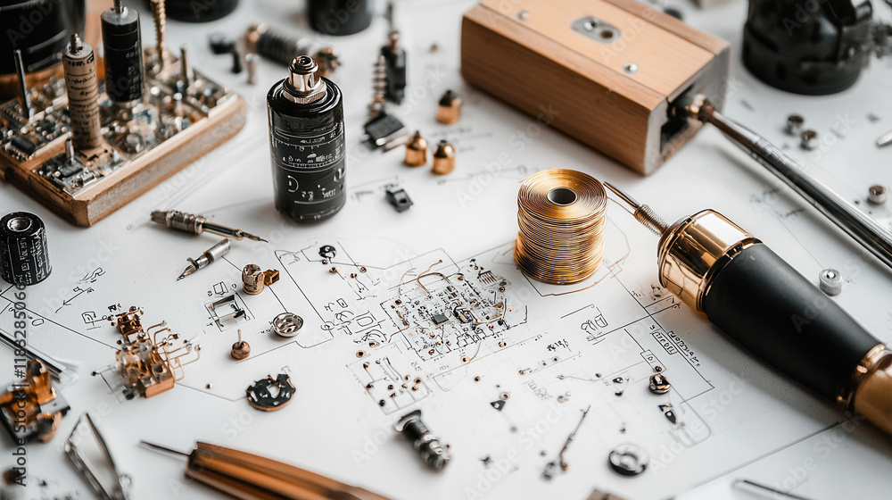 Poster crafting intricate electronics with tools, components, and schematics on workspace