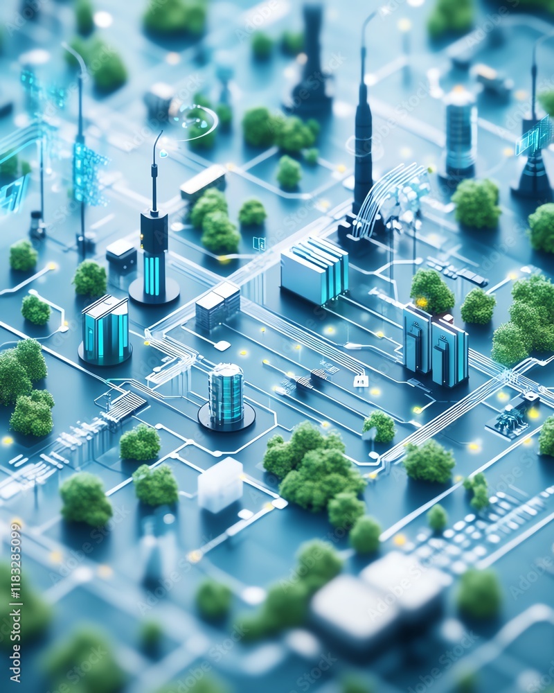 Poster Create an advanced networking hub featuring ecoconscious data transmission, renewable energy solutions, and seamless cloudbased operations