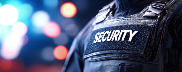A close-up of a security personnel's uniform featuring the word "SECURITY," set against a backdrop of blurred lights.