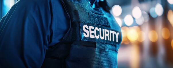 A close-up view of a person wearing a security vest, emphasizing the "SECURITY" label, set against a blurred, illuminated background.