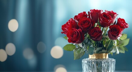 Fototapeta premium A vibrant bouquet of red roses in a crystal vase, beautifully arranged against a softly blurred blue background, creating a romantic and elegant ambiance.