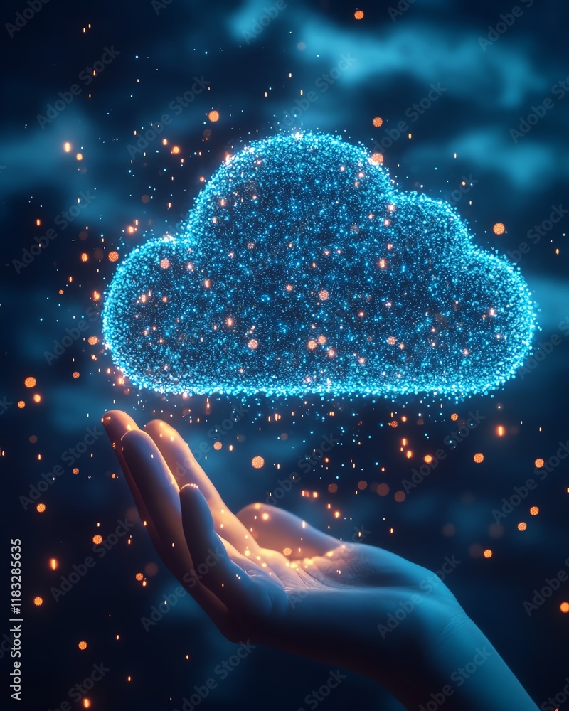 Poster Design an advanced data center featuring renewable energy solutions, innovative cloud computing technology, and smart resource backup