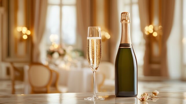 A stylish glass of champagne next to an elegant bottle, set in a luxurious dining environment with ornate decor and soft lighting.