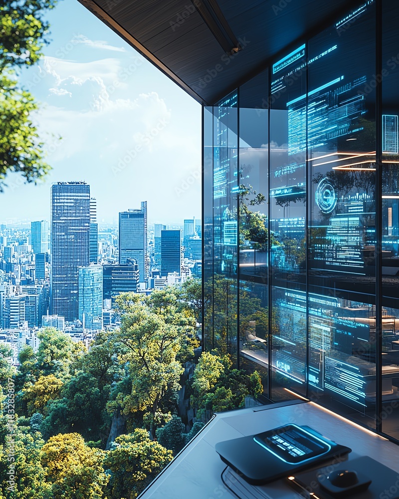 Poster Generate a futuristic office environment leveraging smart cloud systems, renewable resource conservation, and highefficiency networking solutions