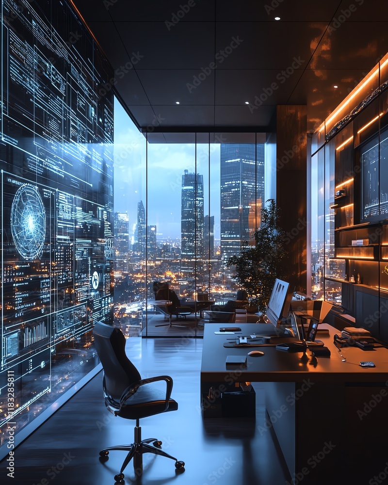 Poster Generate a futuristic office environment leveraging smart cloud systems, renewable resource conservation, and highefficiency networking solutions