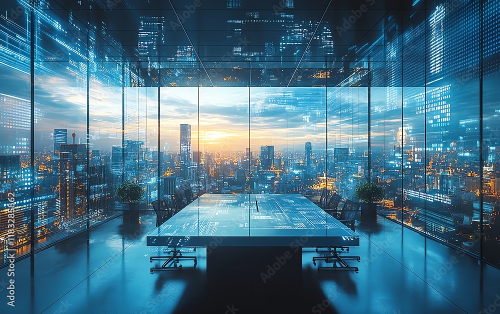 Poster Generate a techforward office concept with renewable energy systems, smart cloud backup solutions, and sustainable data network integration