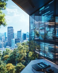 Generate a futuristic office environment leveraging smart cloud systems, renewable resource conservation, and highefficiency networking solutions
