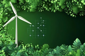 Green Energy, Green Tech: Wind Turbine, Green Leaves, and Power Grid Symbolizing Sustainable Power Solutions