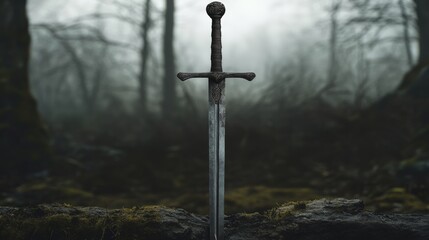 Naklejka premium Old fantasy sword stuck on the forest