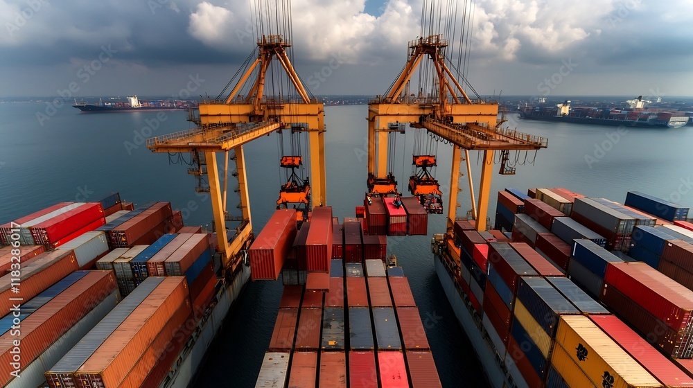 Poster bustling port facility with towering gantry cranes systematically lifting and lowering cargo contain