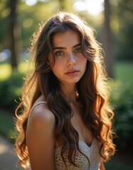 Fototapeta premium A woman with long brown hair standing in a park