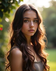 Naklejka premium A woman with long brown hair standing in a field