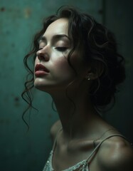 Fototapeta premium A woman with her eyes closed and her hair blowing in the wind