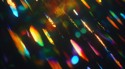 Prismatic light leaks with rainbow bokeh on dark background