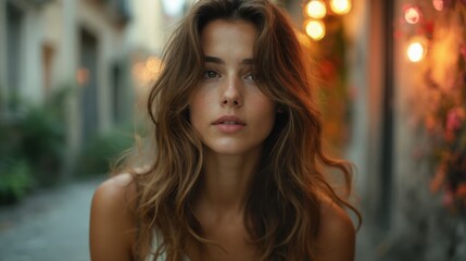A woman with long brown hair standing in an alleyway