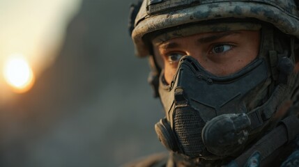 A man wearing a gas mask in the desert