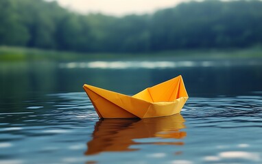 Yellow paper boat drifting on the smooth surface of a lake, clear water, soft lighting, tranquil and serene mood, highly detailed, 4K resolution