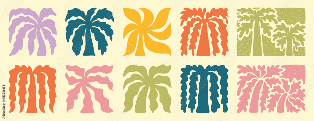 Wall mural abstract boho palm tree tropical art set. retro groovy wavy summer palms. vector square tropical ico