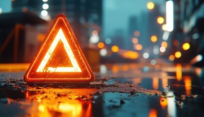 A glowing orange warning triangle sits in a wet urban street, illuminated by city lights, conveying a sense of caution and the aftermath of a rainstorm.