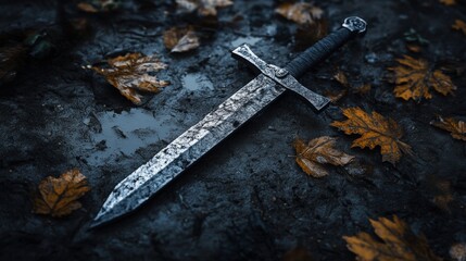 Rusted medieval dagger on the ground with dry leaf