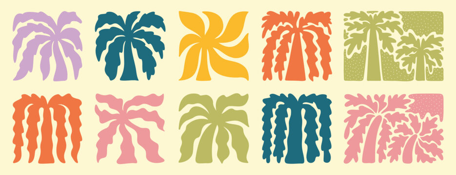 abstract boho palm tree tropical art set. retro groovy wavy summer palms. vector square tropical icons in hand drawn style for logo, print, poster, social media