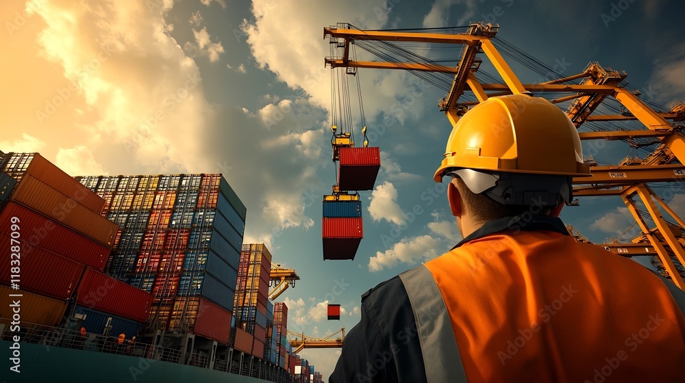 Poster offshore crane operators efficiently loading and unloading cargo from ships at a bustling port facil