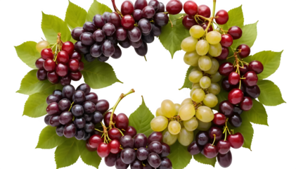 A circular arrangement of cherries (Prunus avium) and grapes (Vitis vinifera) is presented against a white background.