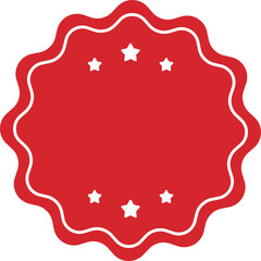 Blank red round starburst label with wavy edges and white borders. Flat design illustration.	